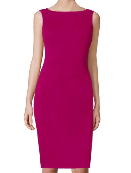 Fuchsia 100% Italian Wool Crepe Sheath Dress with Boat Neckline -