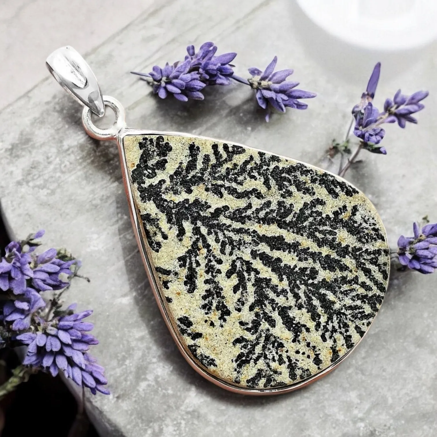 German Psilomelane Denderite Solid 925 Sterling Silver Pendant