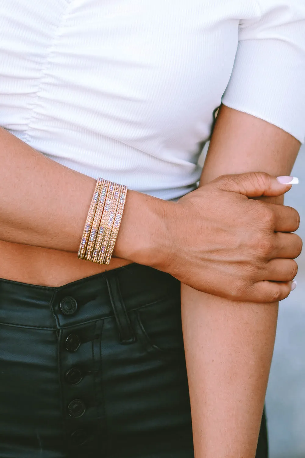 Gold Full Diamond Leather Wide Edge Magnetic Buckle Bracelet
