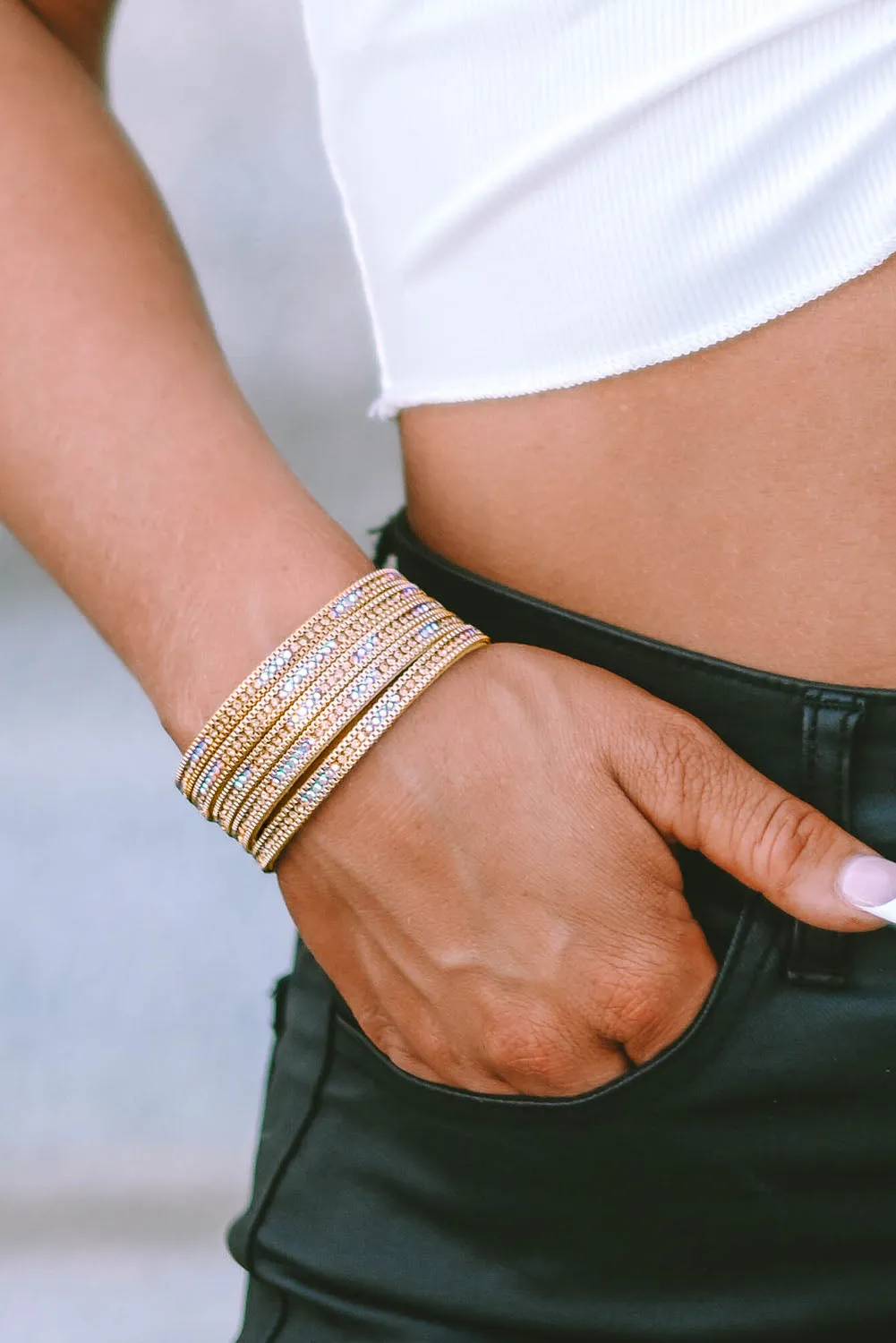 Gold Full Diamond Leather Wide Edge Magnetic Buckle Bracelet