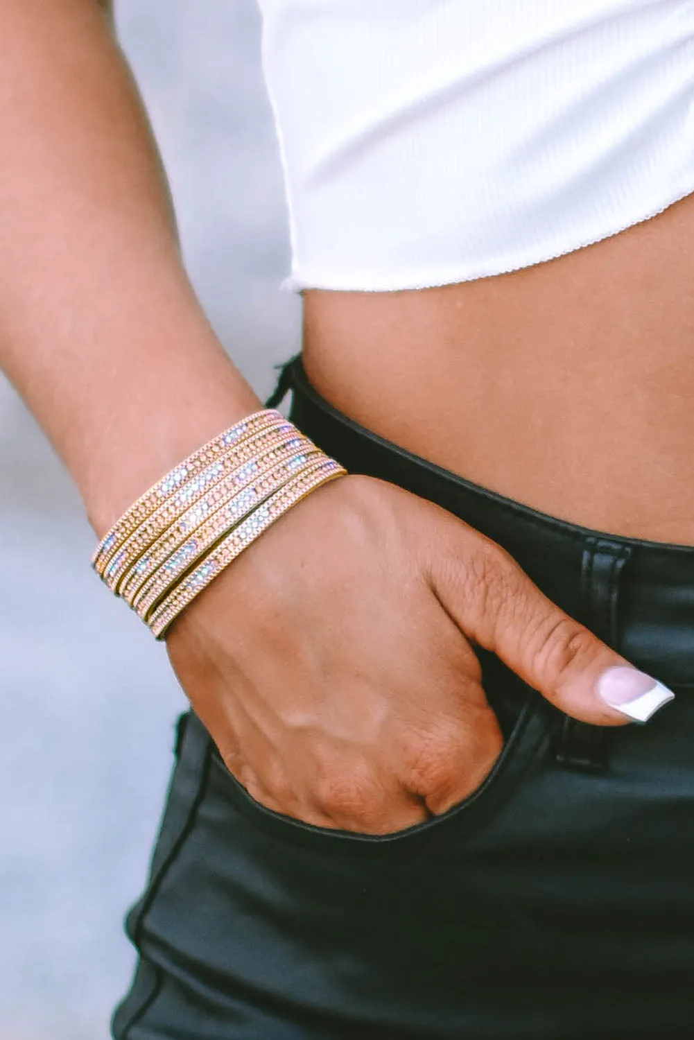 Gold Full Diamond Leather Wide Edge Magnetic Buckle Bracelet