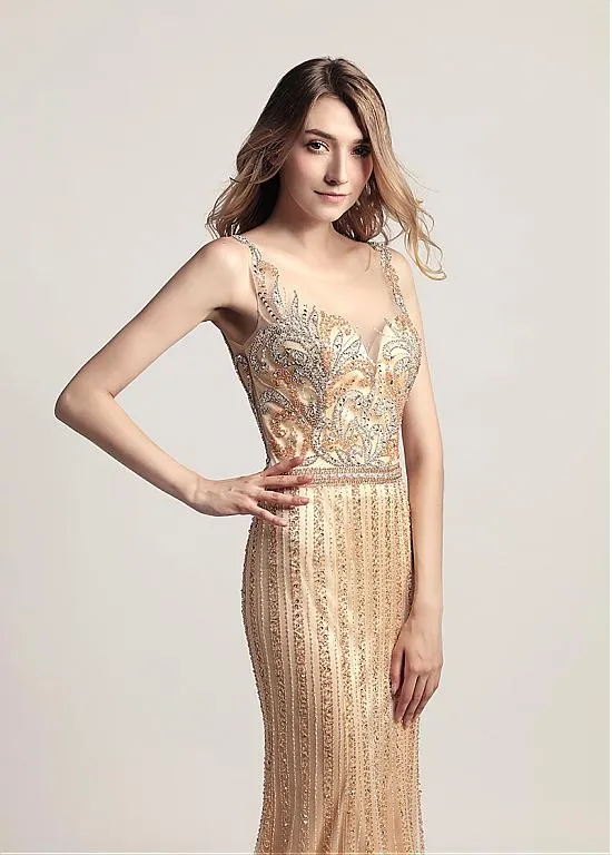 Gold Tulle Scoop See Through Full-length Mermaid Evening Dress