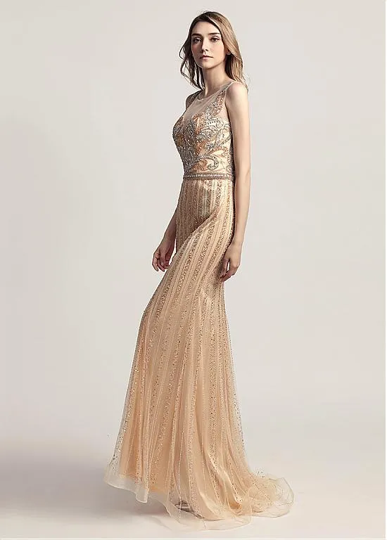 Gold Tulle Scoop See Through Full-length Mermaid Evening Dress