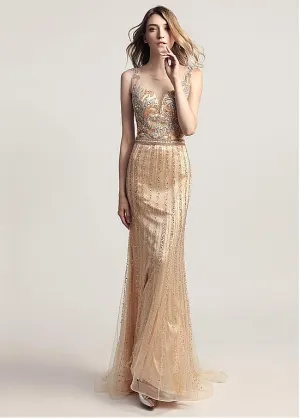 Gold Tulle Scoop See Through Full-length Mermaid Evening Dress