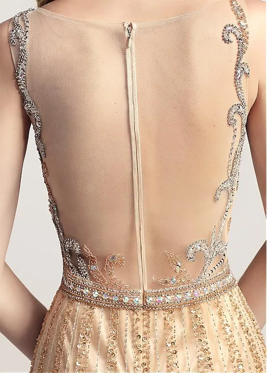 Gold Tulle Scoop See Through Full-length Mermaid Evening Dress
