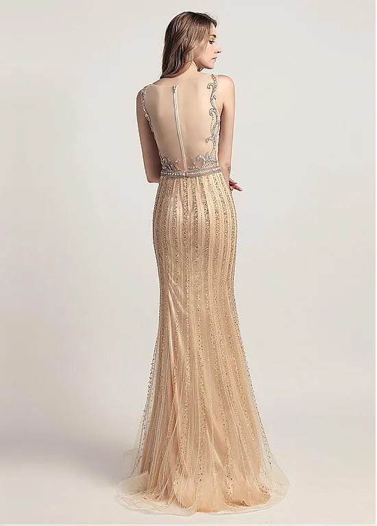 Gold Tulle Scoop See Through Full-length Mermaid Evening Dress