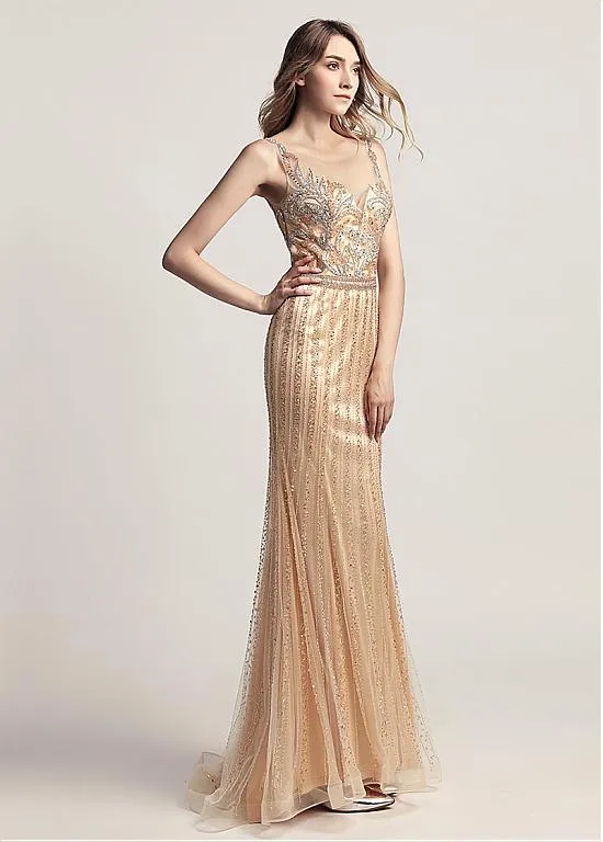 Gold Tulle Scoop See Through Full-length Mermaid Evening Dress