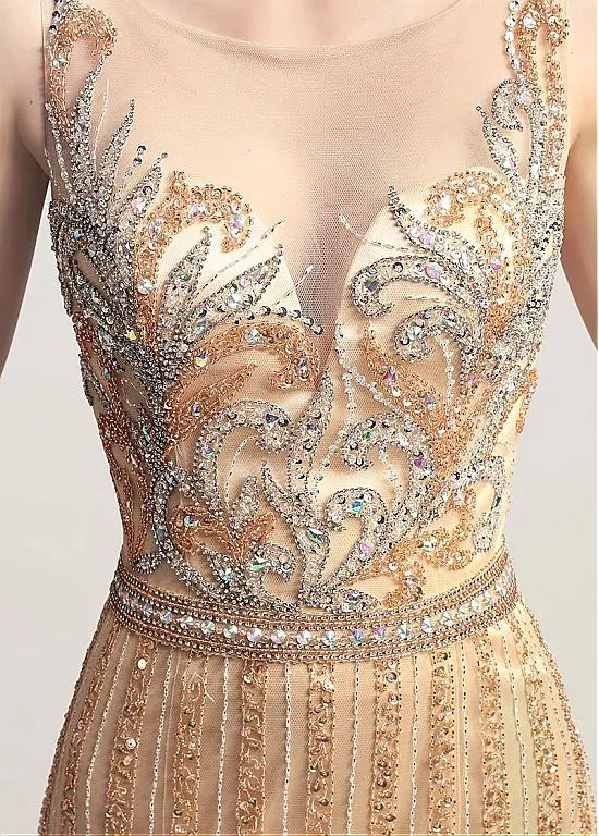 Gold Tulle Scoop See Through Full-length Mermaid Evening Dress