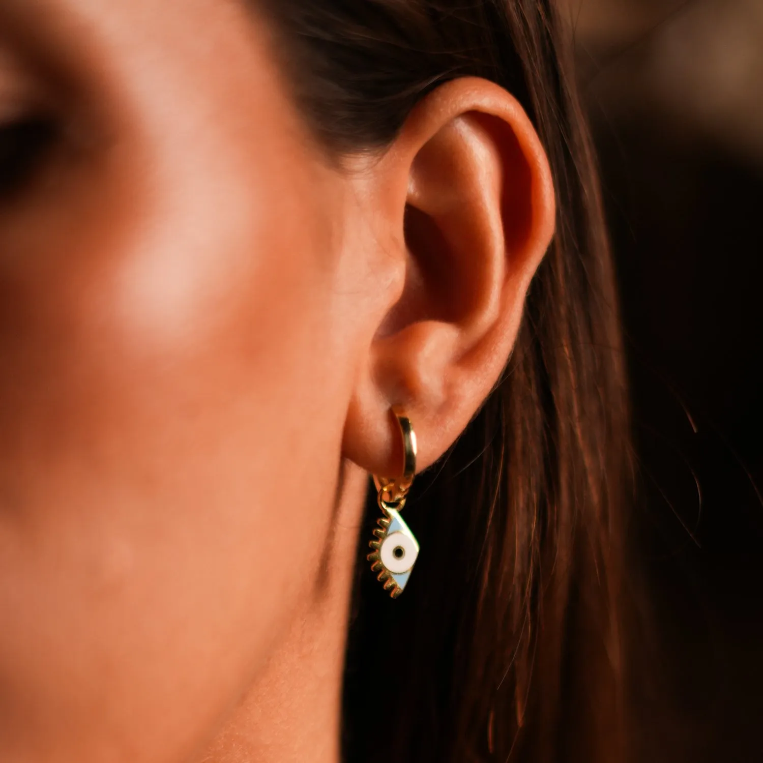 Gold Vermeil Hoop & Blue Enamel Protection Evil Eye Dangle Earrings