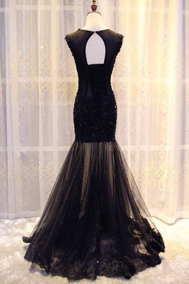 Gorgeous Black Mermaid Lace and Tulle Evening Gowns, Charming Lace Party Dresses
