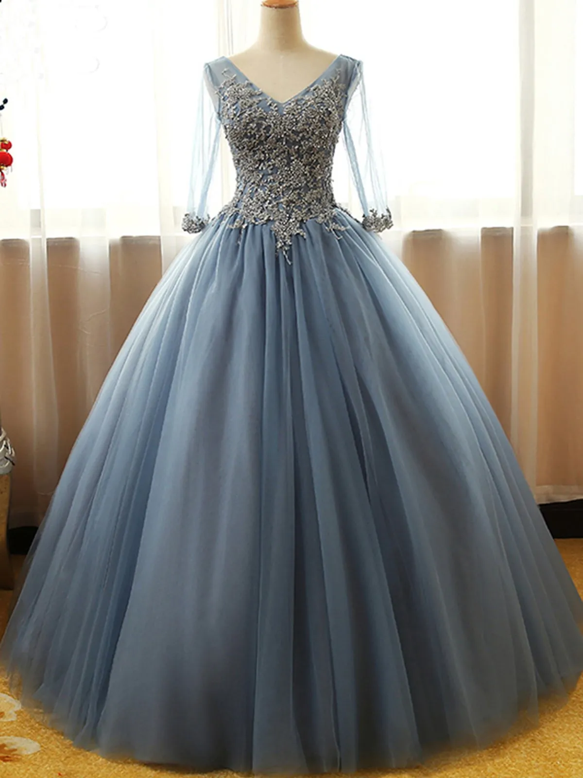 Gorgeous Long Blue Half Sleeve Prom Dresses, Floor-length Long Dusty Blue Ball Gown Party Dress