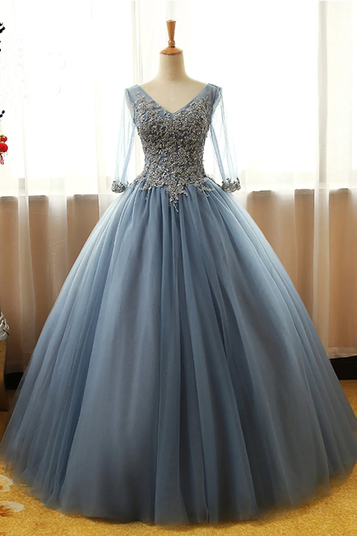 Gorgeous Long Blue Half Sleeve Prom Dresses, Floor-length Long Dusty Blue Ball Gown Party Dress