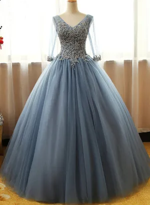 Gorgeous Long Blue Half Sleeve Prom Dresses, Floor-length Long Dusty Blue Ball Gown Party Dress