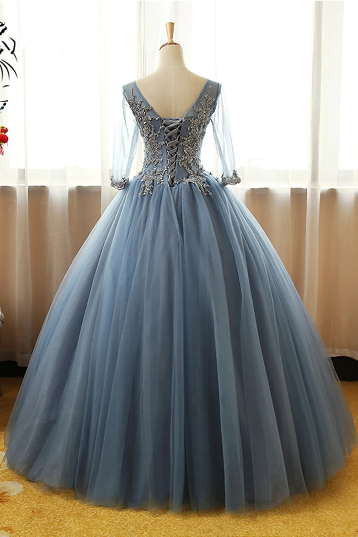 Gorgeous Long Blue Half Sleeve Prom Dresses, Floor-length Long Dusty Blue Ball Gown Party Dress