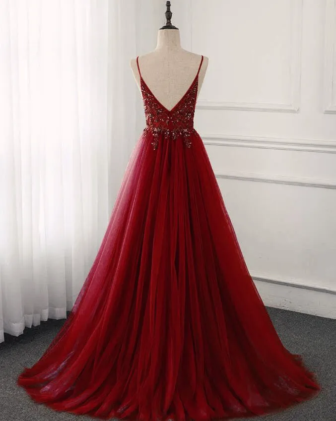 Gorgeous Wine Red Beaded Floor Length Party Dress,Burgundy Junior Prom Dress