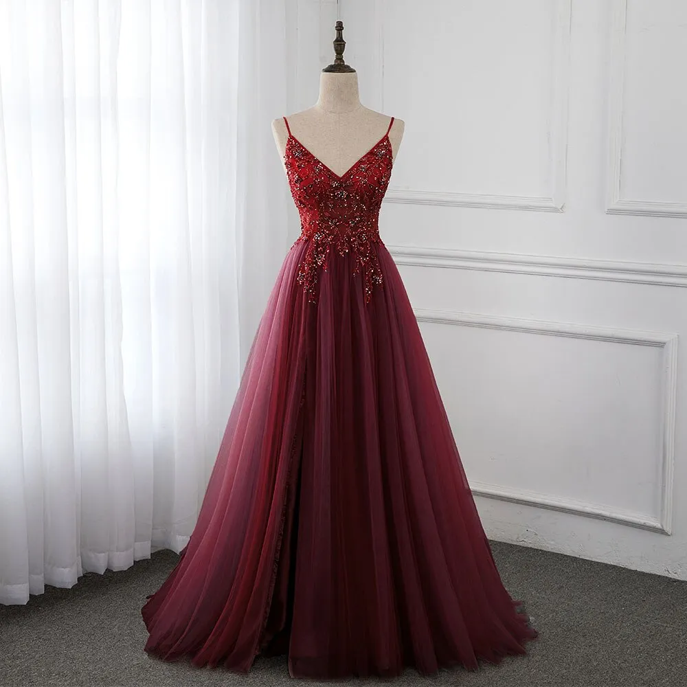 Gorgeous Wine Red Beaded Floor Length Party Dress,Burgundy Junior Prom Dress