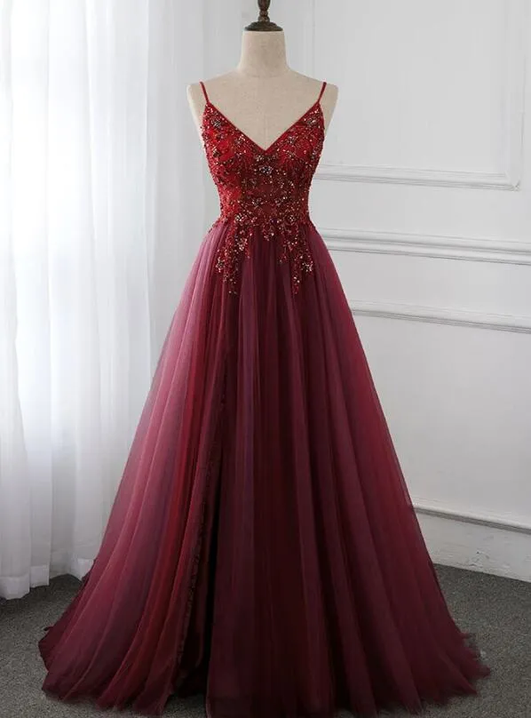 Gorgeous Wine Red Beaded Floor Length Party Dress,Burgundy Junior Prom Dress