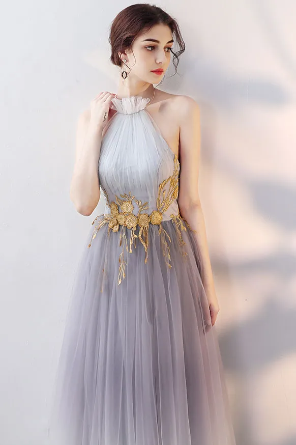 Gray tulle lace long prom dress, gray evening dress