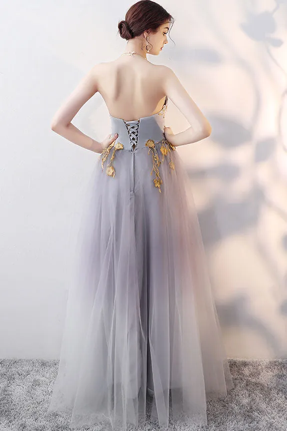 Gray tulle lace long prom dress, gray evening dress