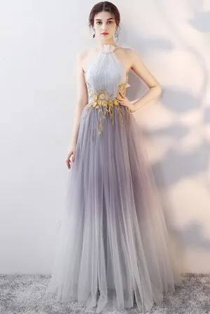Gray tulle lace long prom dress, gray evening dress