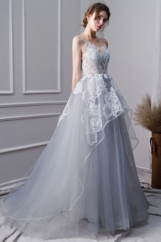 Gray tulle lace long prom dress, gray tulle lace evening dress