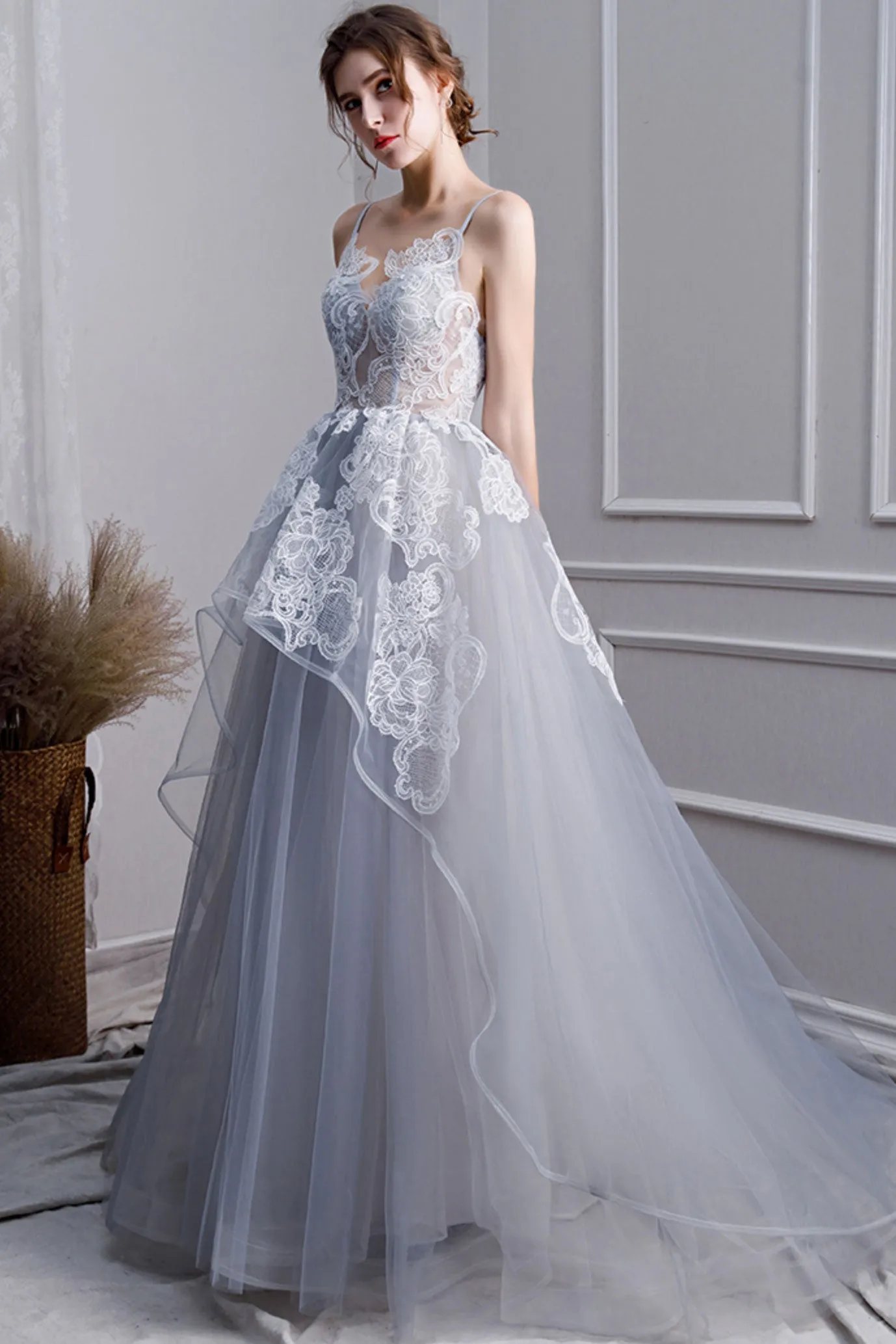 Gray tulle lace long prom dress, gray tulle lace evening dress