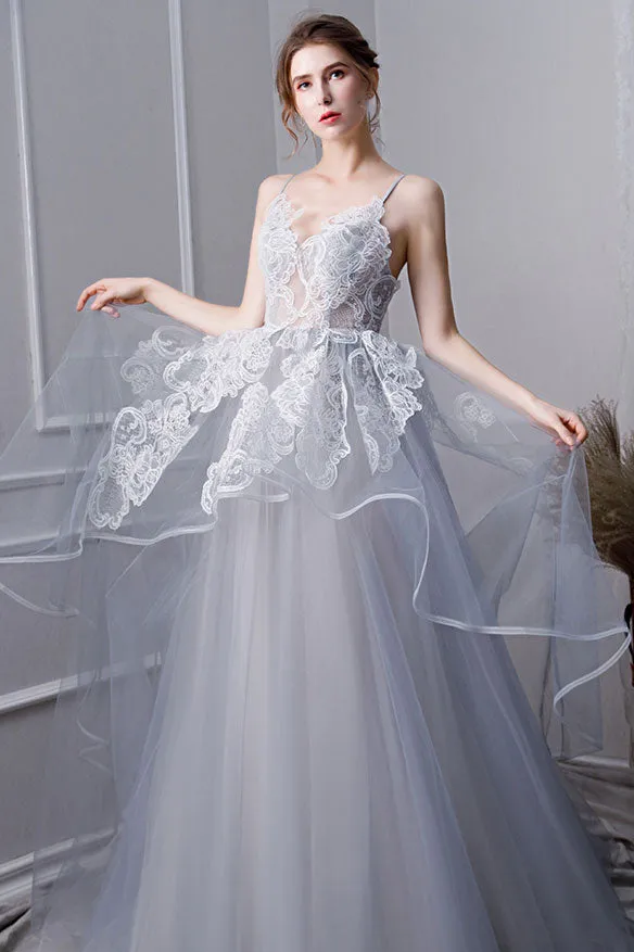 Gray tulle lace long prom dress, gray tulle lace evening dress