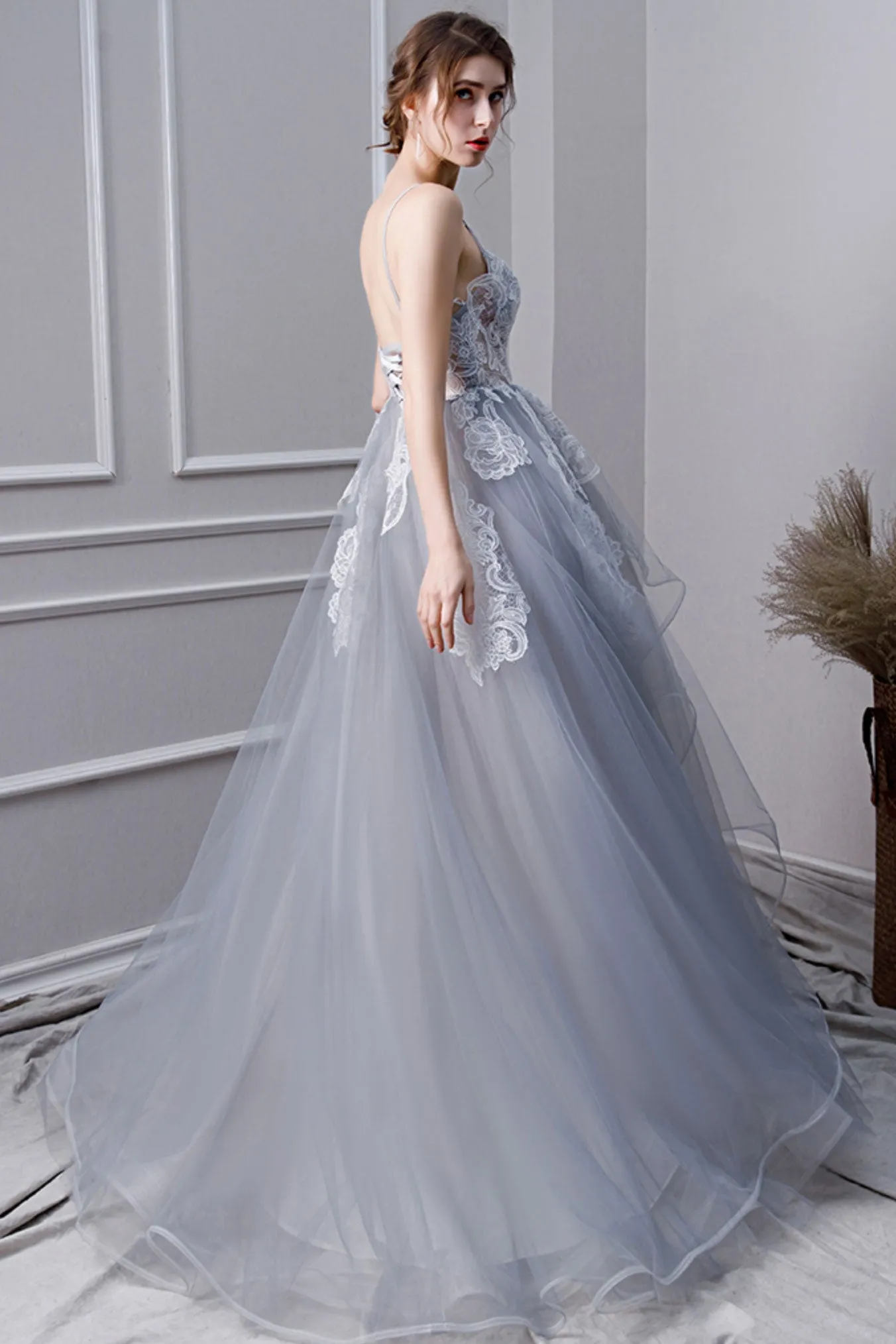 Gray tulle lace long prom dress, gray tulle lace evening dress