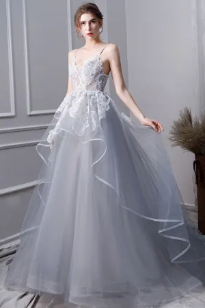 Gray tulle lace long prom dress, gray tulle lace evening dress