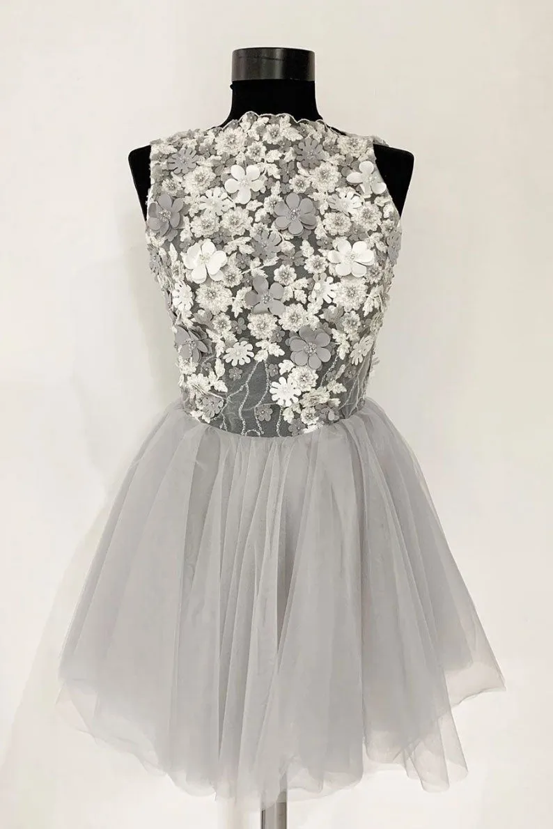 Gray tulle lace short prom dress, gray tulle homecoming dress