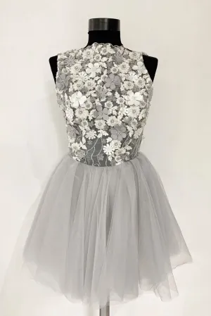 Gray tulle lace short prom dress, gray tulle homecoming dress