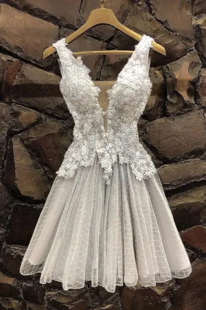 Gray tulle lace short prom dress, gray tulle lace homecoming dress