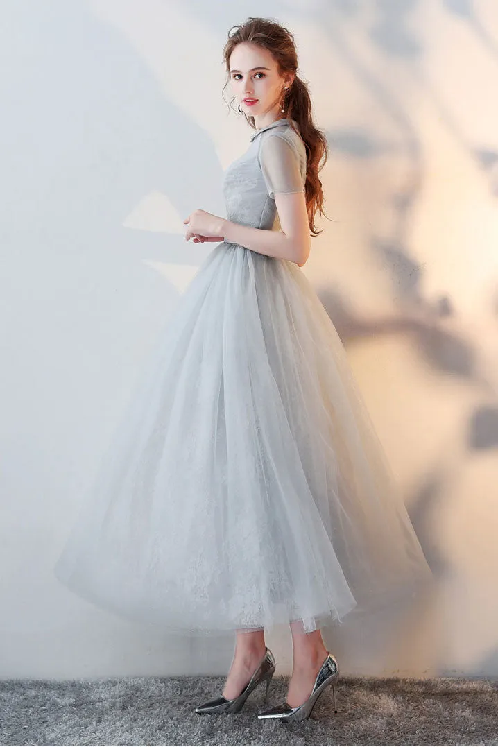 Gray tulle lace tea length prom dress gray tulle formal dress