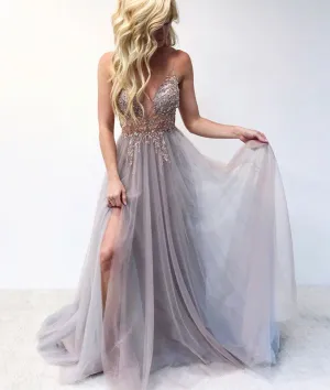 Gray v neck tulle lace long prom dress, gray tulle evening dress
