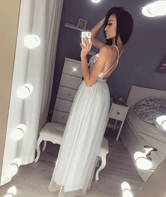 Gray v neck tulle long prom dress, gray evening dress