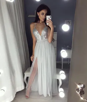 Gray v neck tulle long prom dress, gray evening dress
