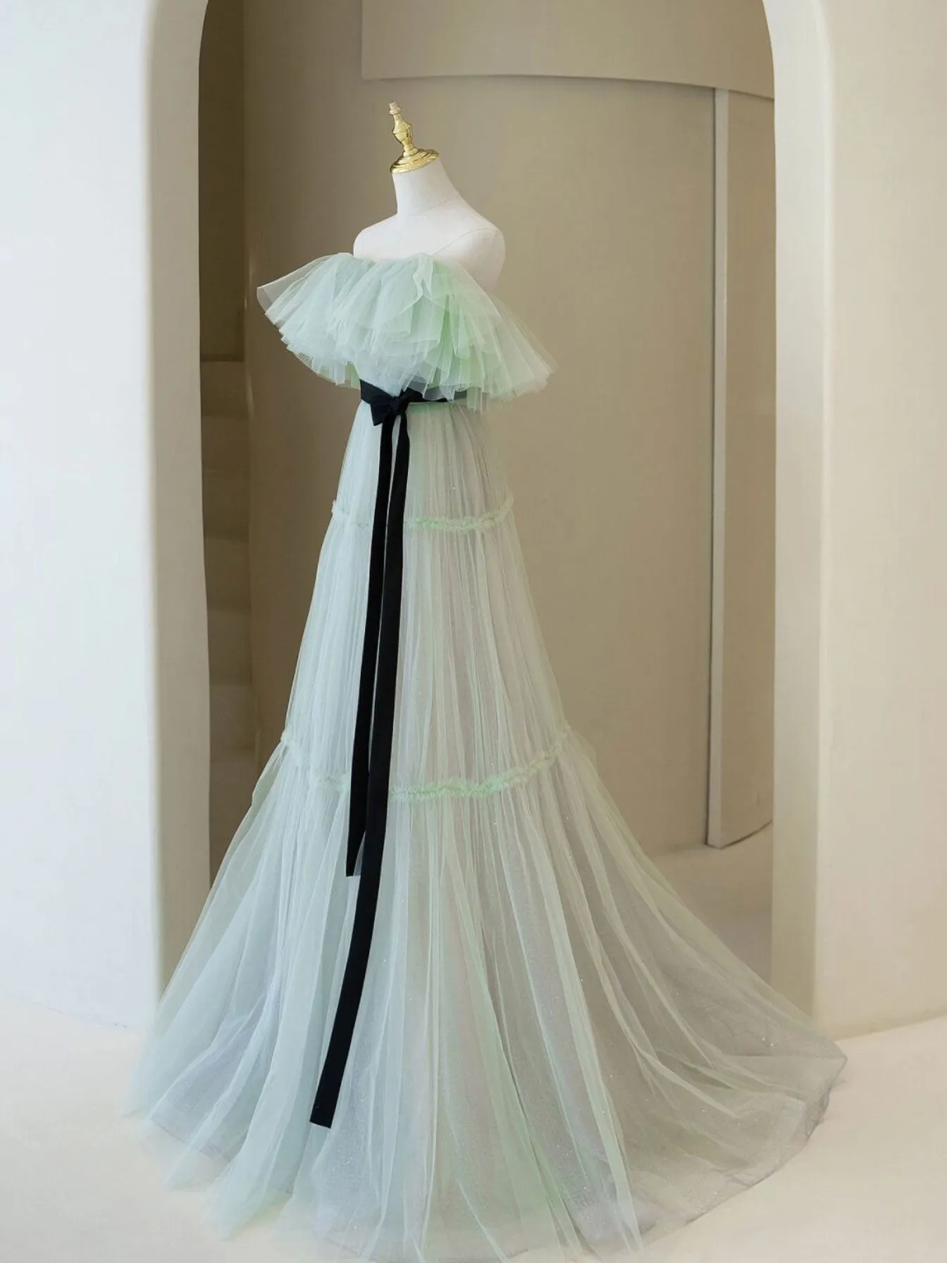 Green A line long prom dress, green tulle formal party dress