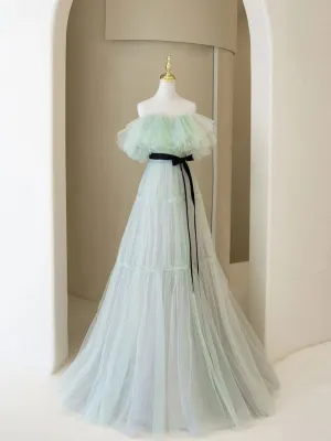 Green A line long prom dress, green tulle formal party dress