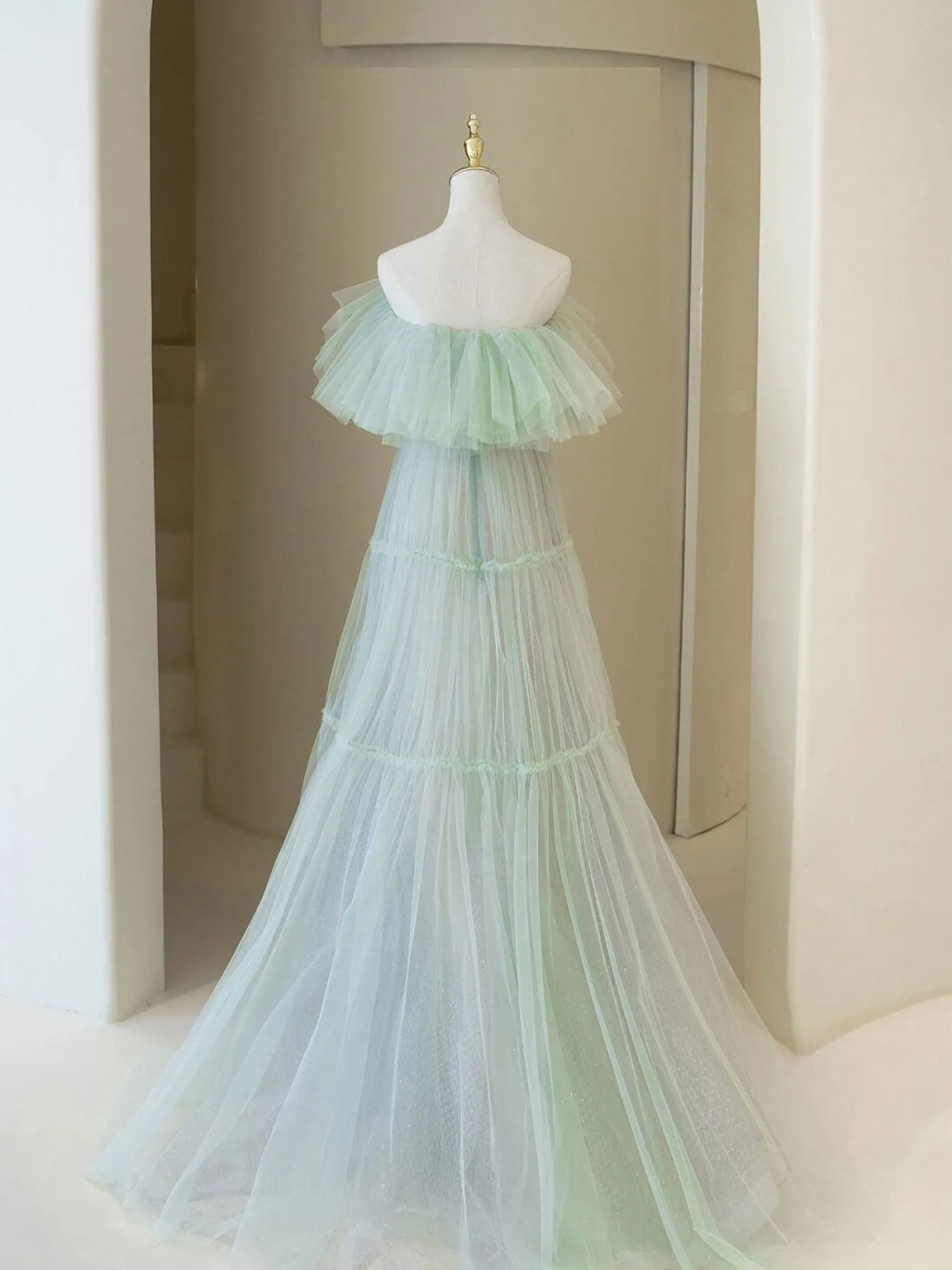 Green A line long prom dress, green tulle formal party dress