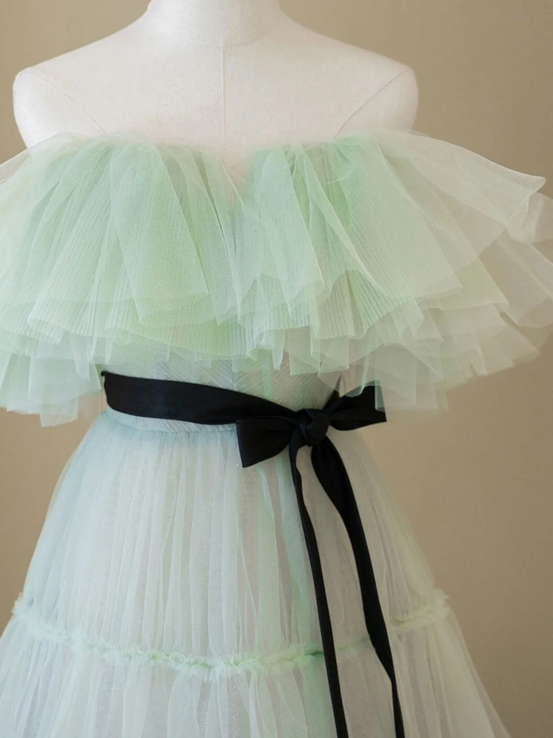 Green A line long prom dress, green tulle formal party dress
