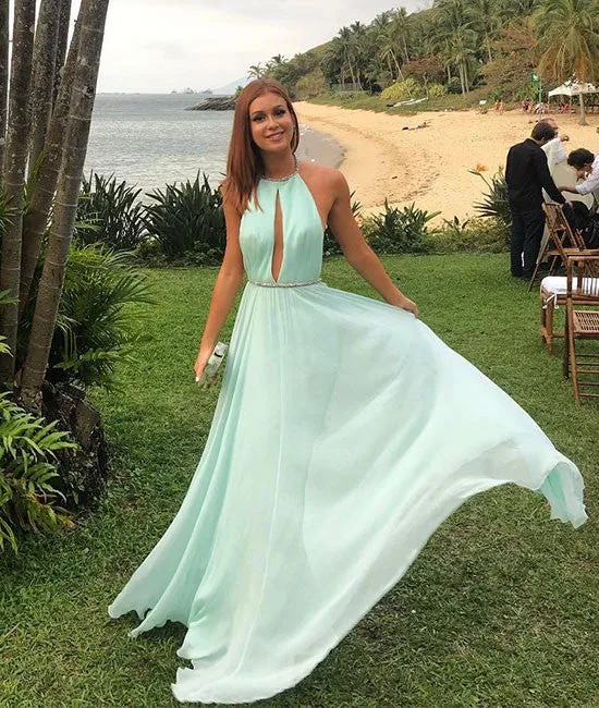 Green chiffon backless long prom dress, green formal dress