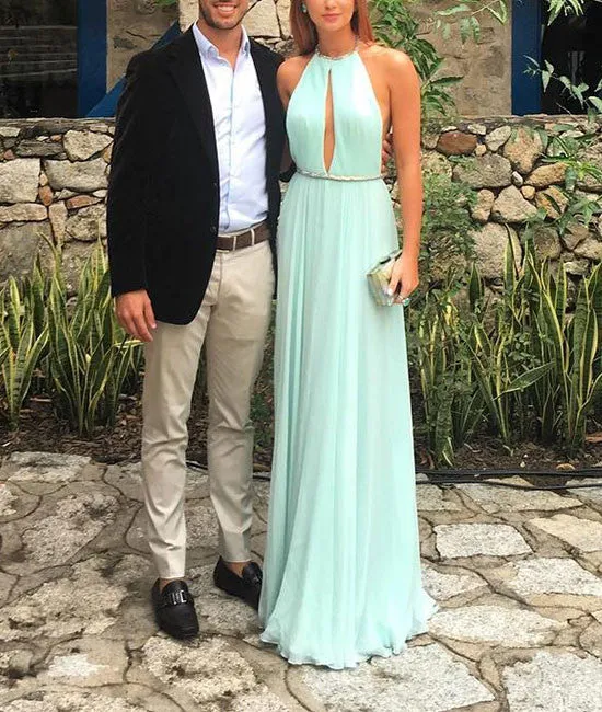 Green chiffon backless long prom dress, green formal dress