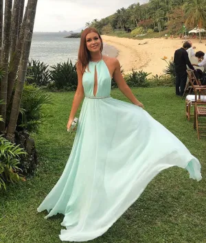 Green chiffon backless long prom dress, green formal dress