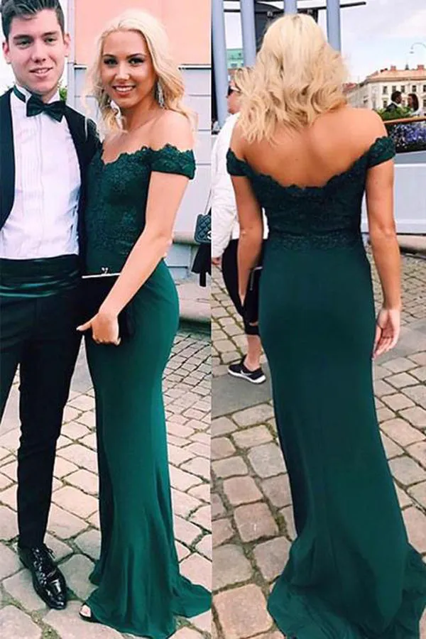 Green Off-shoulder Floor-length Mermaid Party Dress, Long Prom Dresses With Appliques, M279