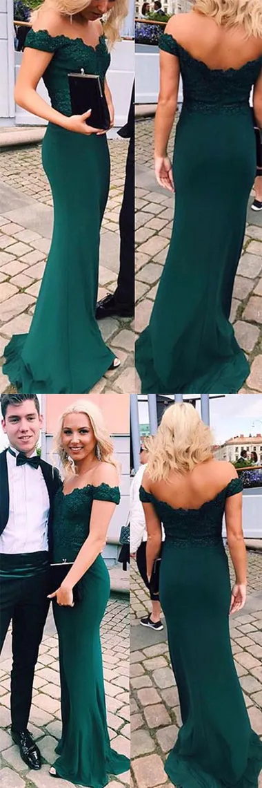 Green Off-shoulder Floor-length Mermaid Party Dress, Long Prom Dresses With Appliques, M279