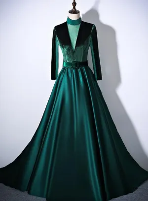 Green Satin and Velvet Long Evening Dress Party Dress, Long Sleeves Formal Dresses