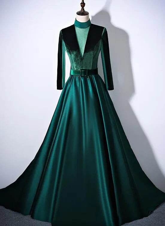 Green Satin and Velvet Long Evening Dress Party Dress, Long Sleeves Formal Dresses
