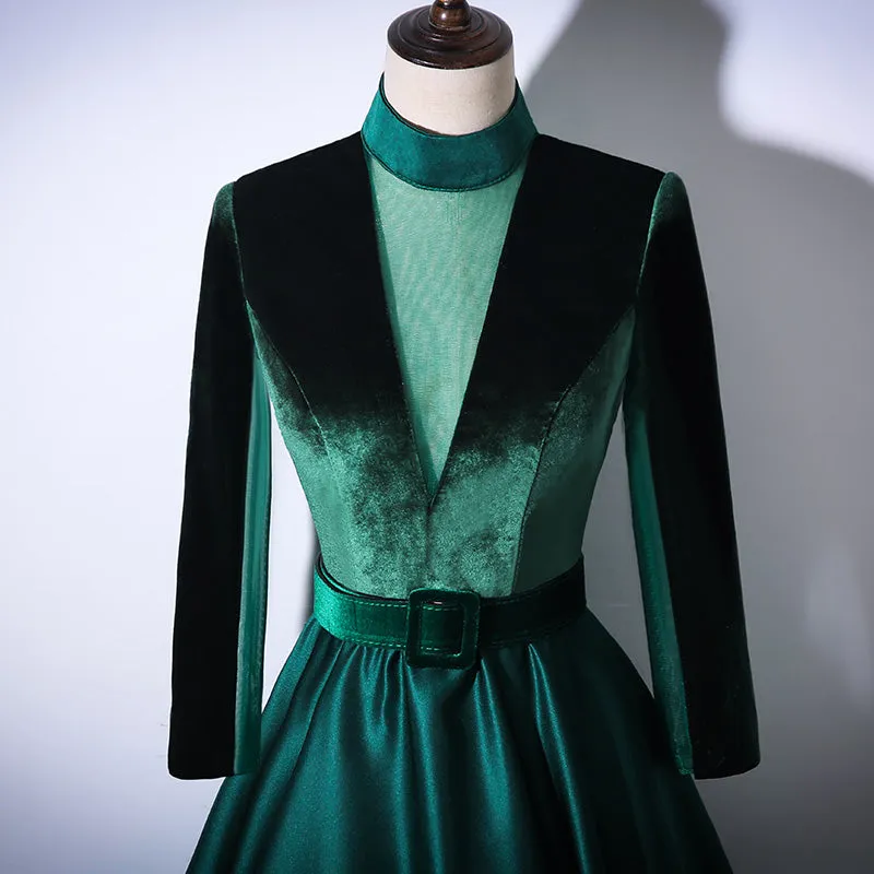 Green Satin and Velvet Long Evening Dress Party Dress, Long Sleeves Formal Dresses