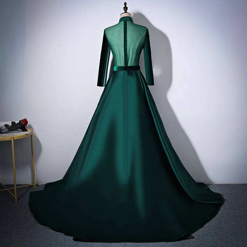 Green Satin and Velvet Long Evening Dress Party Dress, Long Sleeves Formal Dresses