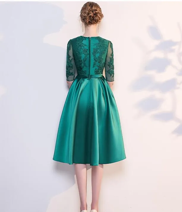 Green Satin Lace Knee Length Short Sleeves Bridesmaid Dress, Green Short Party Dress Homecoming Dress
